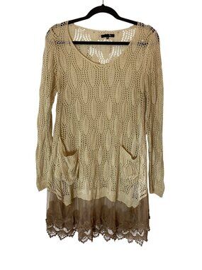 Ryu Beige Crochet Knit Long Sleeve Tunic Lace Hem Pockets Womens M/L